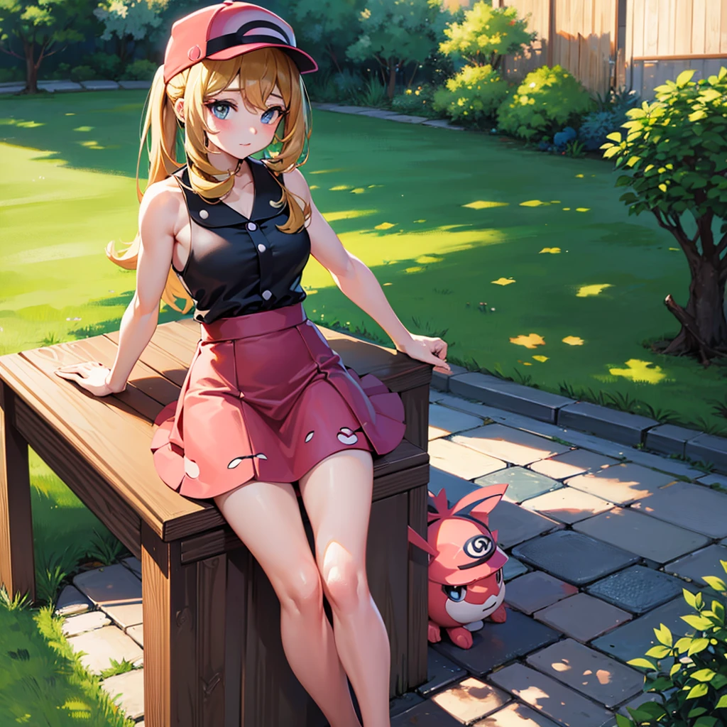 Masterpiece, Best Quality, high resolution, outdoor, 1 girl, Alone, (serena) (pokemon), pink hats, Red skirt, black shirt, bare shoulders, looking at the viewer.