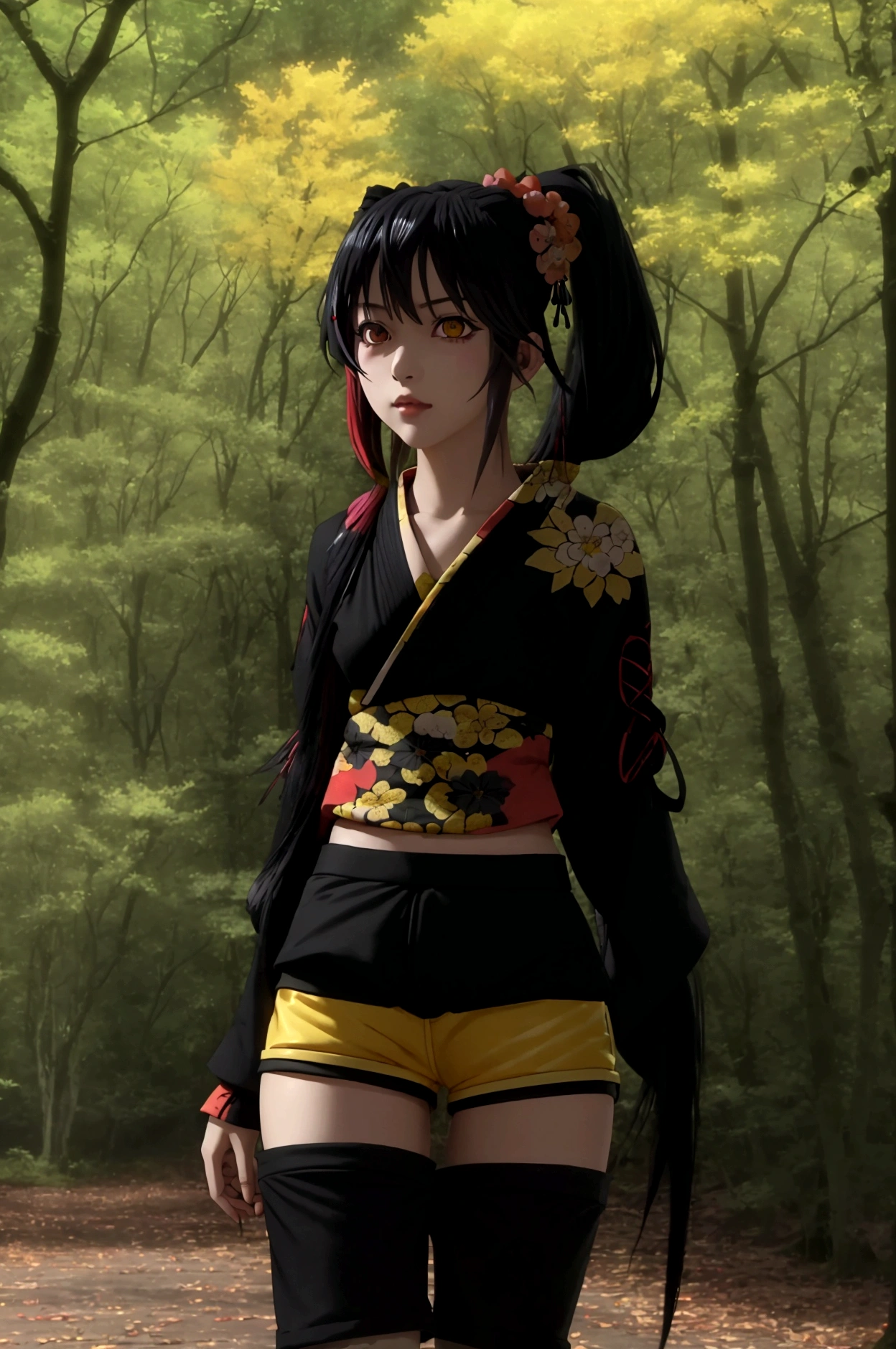 ultra-detailed,highly detailed,best quality,masterpiece,illustration,realistic, photo,photorealistic,
1girl, ((tokisaki kurumi)), ((cosplay)), hair over one eye, (right red eye, left yellow eye), looking at viewer, happy girl, (twintail) , ((kimono)), (((Black hotpants))), hair rings, loafers,
(Outdoors), walking, ((forest))