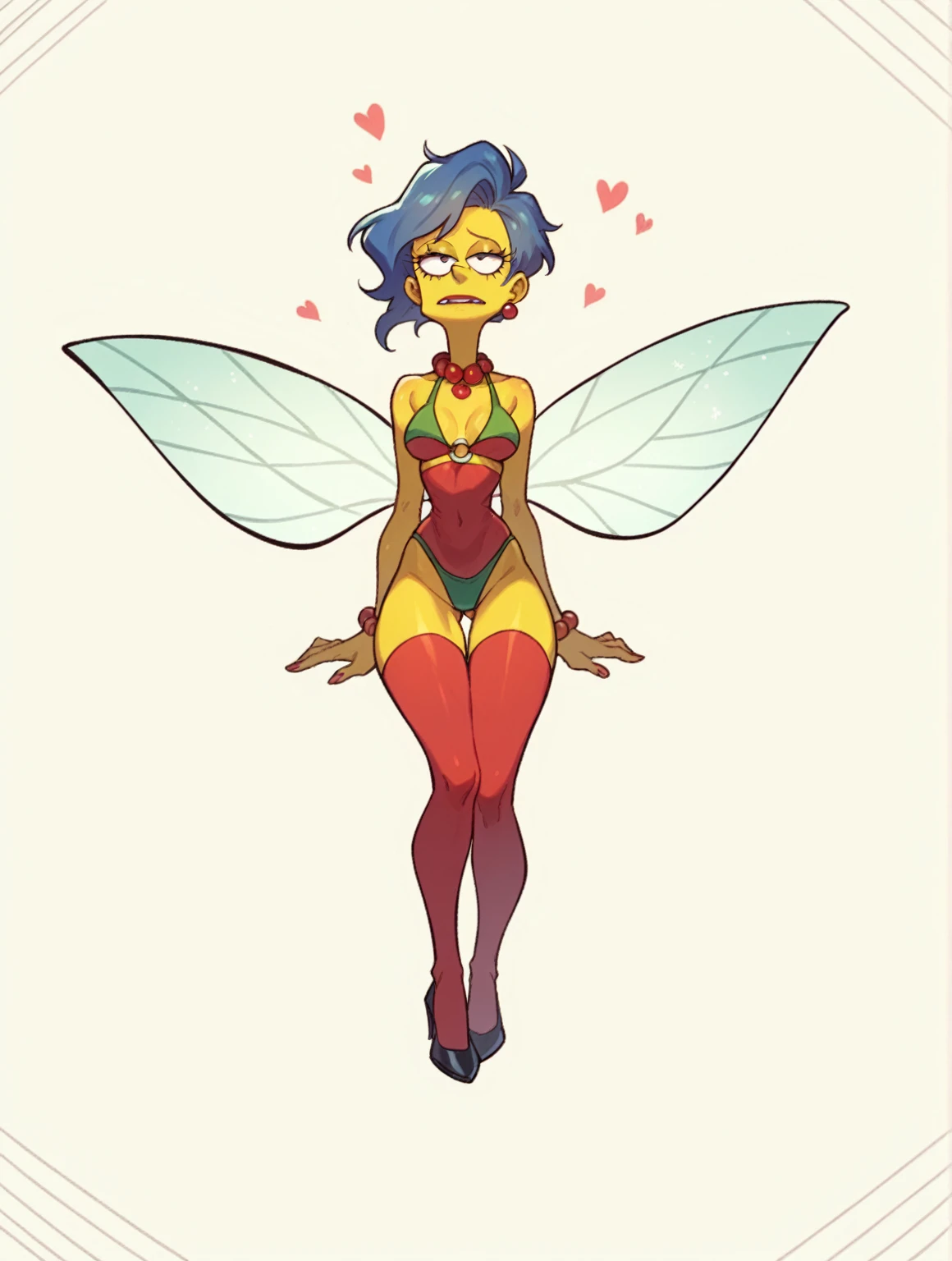 marge simpson, blue hair, red necklace, medium breasts, colored skin, yellow skin, green bikini, sourit , high heels, visible feet,sexy ,tétons
Debout