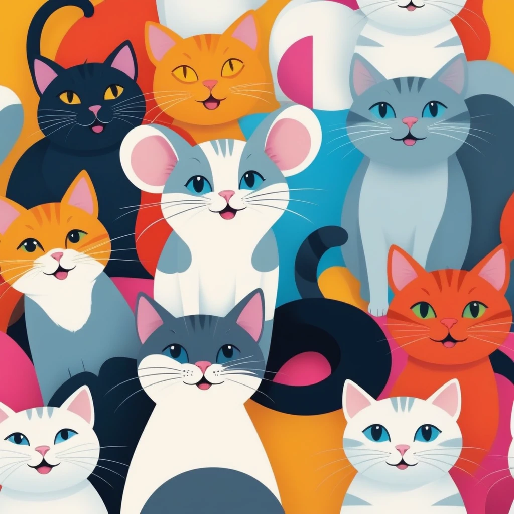 1 mouse, 1 cat, vector art, funny, smiling, looking at camera, colorful, vibrant, happy, playful, cartoon style, digital illustration, minimal style, simple shapes, bright colors, whimsical, cute, dynamic composition, high contrast, clean lines, bold colors, expressive, charming, lighthearted, joyful, whimsical, adorable, playful characters, positive mood, fun, (best quality,4k,8k,highres,masterpiece:1.2),ultra-detailed,(realistic,photorealistic,photo-realistic:1.37),digital painting