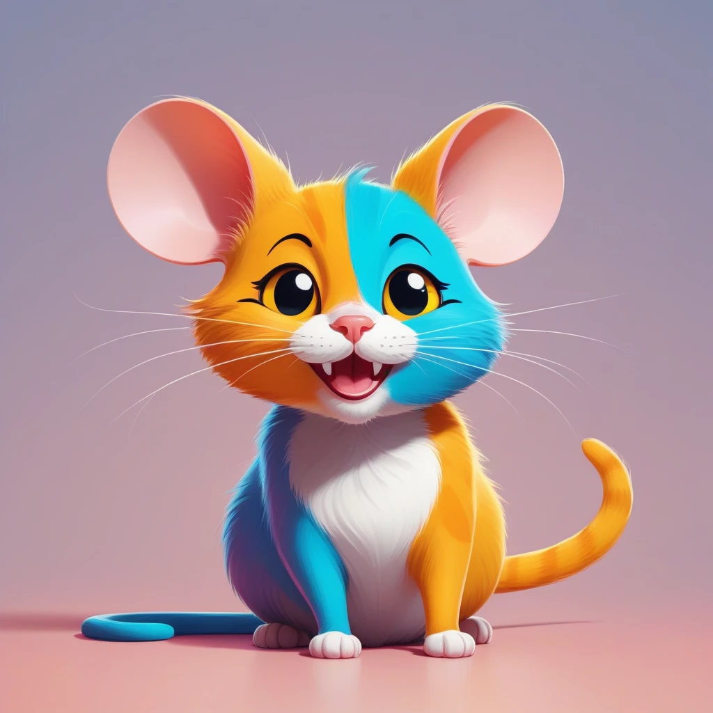 1 mouse, 1 cat, vector art, funny, smiling, looking at camera, colorful, vibrant, happy, playful, cartoon style, digital illustration, minimal style, simple shapes, bright colors, whimsical, cute, dynamic composition, high contrast, clean lines, bold colors, expressive, charming, lighthearted, joyful, whimsical, adorable, playful characters, positive mood, fun, (best quality,4k,8k,highres,masterpiece:1.2),ultra-detailed,(realistic,photorealistic,photo-realistic:1.37),digital painting
