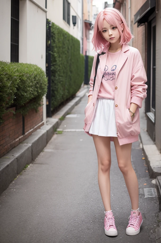 highest quality, Very detailed, masterpiece, 1 person,woman,(((完璧なwomanの体))),Very beautiful face, Very beautiful body,Gentle expression, Very beautiful eyes,(Perfect Makeup:1.1),Fashion Model,Cyberpunk Fashion,short hair,Shaggy Hair,Fluorescent pink and blue hair:1.3, Very thin body,Smart Abs, Black and purple cyberpunk short outfit, Fluorescent pink and blue mini skirt,necklace,anklet,Two-tone high-top sneakers,A kind smile,Full body portrait,(Street background:1.3), (Shiny skin),(Earrings),Mecha,