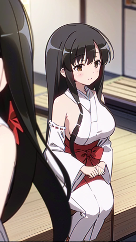 8K, RAW photo, best quality, masterpiece:1.2, Girl in Priestess Uniform, Outfit with open chest, Shoulder-exposing sleeves, Short hakama, Kasumi Iwato, Very long black hair, Golden hair ornament, smile, looking at viewer, Gigantic Breasts, Inside Japan house, Close-up from the waist up, A mochi (rice cake) holding a long bow is on display.,