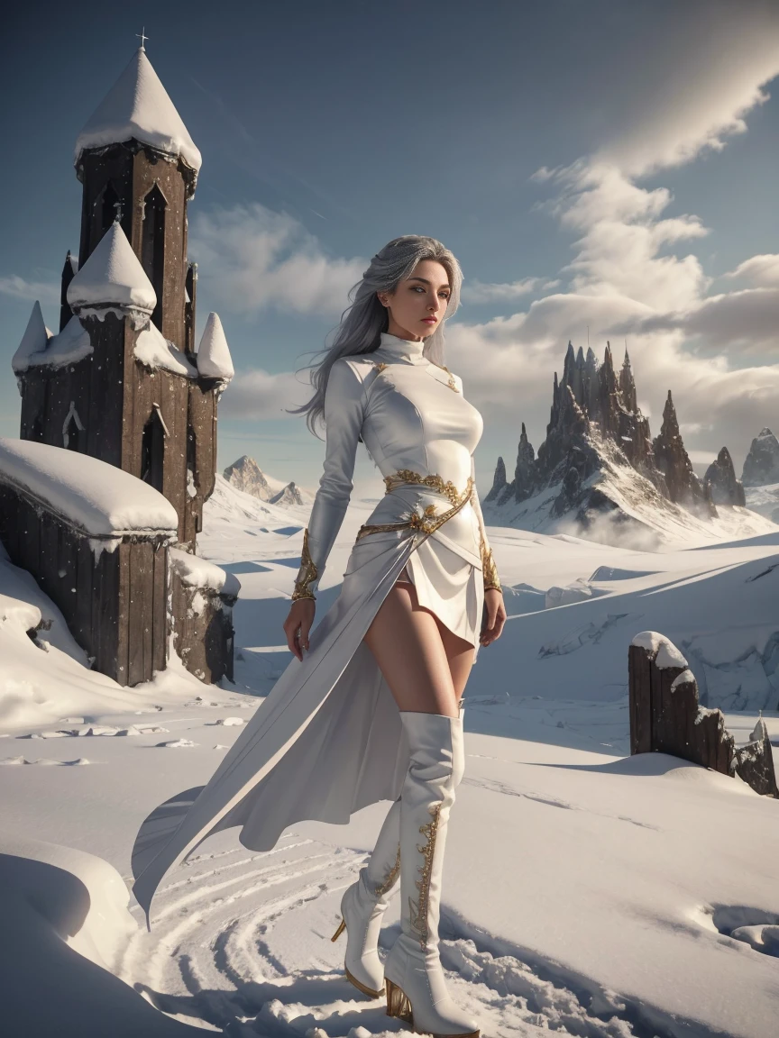 full body, sexy princess woman, standing, watching distant mountains, very long grey hair, slim waist, round bottom, in white short leather pleated skirt, with gold embroidery, white knee high boots, ultra-realistic skin texture, sensual curves, sensual gaze, her hair body is covered with chin north pole in the snow, barren landscape, fog, blowing snow, weak soft light, gloomy dark clouds, ice palace in the distance, cold colors, photorealistic, superrealistic, highest resolution with extremely intricate details 8k