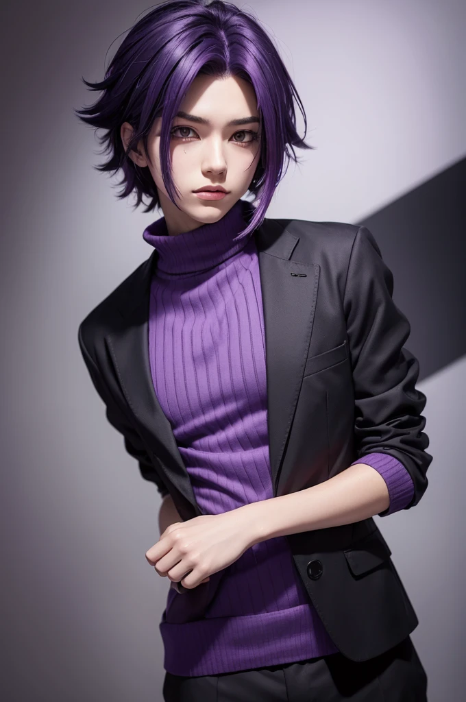 Create a boku no hero with dark purple hair with purple highlights, and dark clothes