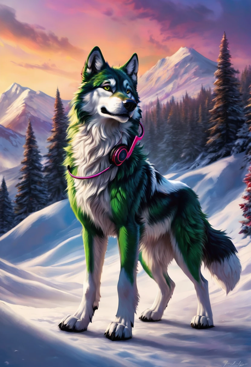 masterpiece, Highest quality, male, Wolf-like dog, Dark green fur, Strong Body, Gentle expression, Bushy tail, Quadrupedal, A black and white world with black cordless headphones around his neck, Contrast,Moderate:figure,Detailed wolf fur,Vibrant colors,Playful expressions,Sharp focus,Detailed landscape,Whimsical atmosphere,Soft lighting,Subtle texture
