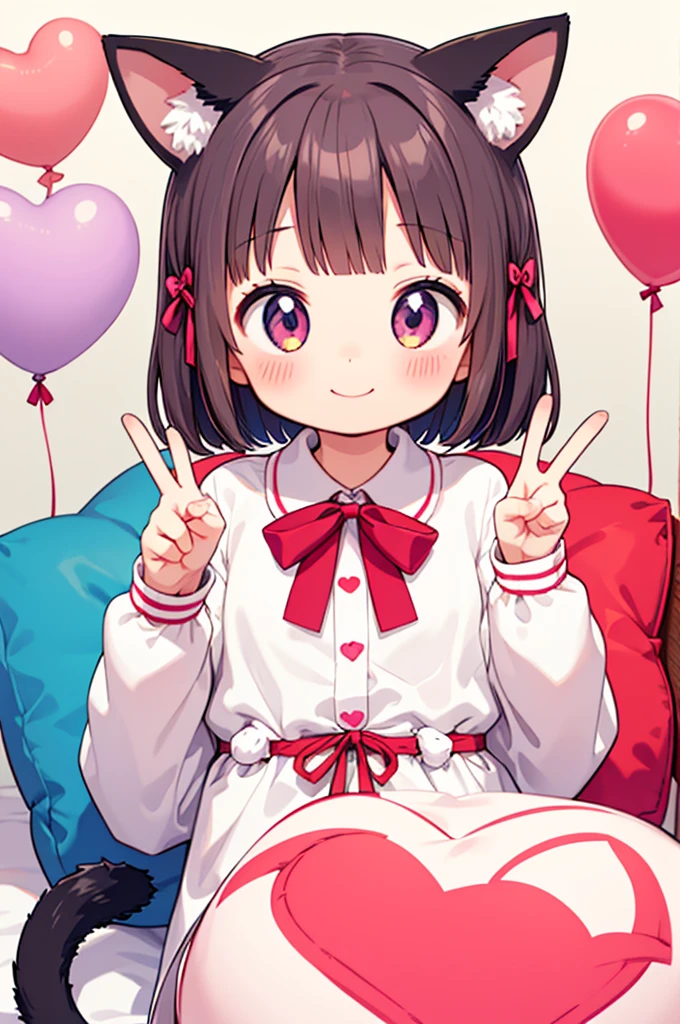 Character:
Girl (human)
Cat ears (animal feature)
Tail (animal feature)
Smiling expression
Making a peace sign with fingers
Ribbon (accessory)
Environment:
Pink kawaii room
Details:
Upper body only (no legs shown)
Holding a heart-shaped item (optional: specify what kind of item, like a pillow or balloon)