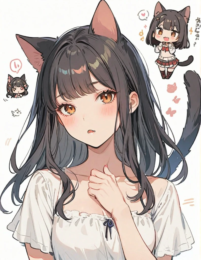 Half body, A beautiful woman, long wavy black hair, brown eyes, dark clothing, cat ears and tail, fangs, 
