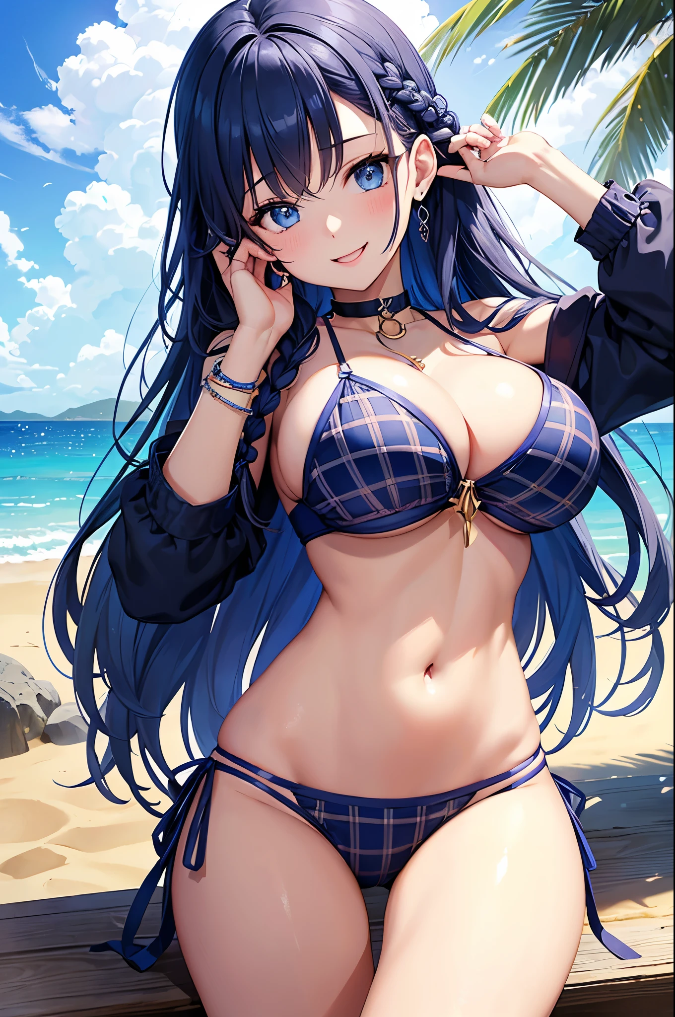 Highest quality、Highest quality、masterpiece、(8K),beauty(Age 25)、Navy blue long hair(Braiding of the sides)、blue eyes、Sexy Bikini(Plaid)、Big cleavage、(Big Breasts)、smile、blue necklace、Blue Earrings、background(Beach)、Please open your mouth wide、bracelet、Arch Pose、Blue choker