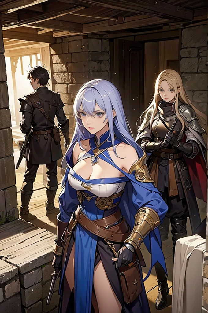 best quality, official art, masterpiece, textile shading, HDR, very detailed, colorful, best details, fantasy, battle armor,1 human female, 25 years old, 3 boys bandits, Multiple horny bandits,Anxious and frightened expression, standing on stairs,Inside the cave,Dim brightness,choppy hair, big breast, skinny,Surrounded by a horde of bandits:1.9、Bandits in heat、Feeling like I&#39;m about to be attacked、Mysterious atmosphere、cameltoe:1.3, looking back, ground level shot:1.9, fighting stance