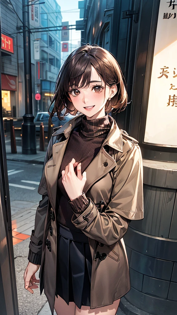 (masterpiece:1.2, Highest quality), (Realistic, photoRealistic:1.4), Beautiful illustrations, (Natural Side Lighting, Cinema Lighting), Browsing Caution,
View your viewers, 1 Girl, Japanese, Beauty、30 years old, Perfect Face, Cute and symmetrical face, Shiny skin,
(short hair:1.7, Straight hair:1.2, Brown Hair), Swept-apart bangs, Dark brown eyes, Droopy eyes, Long eyelashes, (Medium chest), thin,
Beautiful Hair, Beautiful Face, Beautiful attention to detail, Beautiful clavicle, Beautiful body, Beautiful breasts, Beautiful thighs, Beautiful feet, Beautiful fingers,
((Grey brown trench coat, Black turtleneck sweater, Grey box pleated skirt), Navy and brown checked scarf)),
(Beautiful views), evening, (Outdoor), Are standing, (smile, Open your mouth a little),