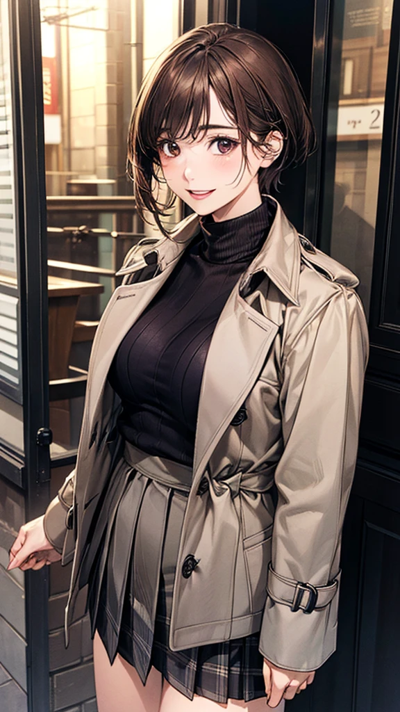(masterpiece:1.2, Highest quality), (Realistic, photoRealistic:1.4), Beautiful illustrations, (Natural Side Lighting, Cinema Lighting), Browsing Caution,
View your viewers, 1 Girl, Japanese, Beauty、30 years old, Perfect Face, Cute and symmetrical face, Shiny skin,
(short hair:1.7, Straight hair:1.2, Brown Hair), Swept-apart bangs, Dark brown eyes, Droopy eyes, Long eyelashes, (Medium chest), thin,
Beautiful Hair, Beautiful Face, Beautiful attention to detail, Beautiful clavicle, Beautiful body, Beautiful breasts, Beautiful thighs, Beautiful feet, Beautiful fingers,
((Grey brown trench coat, Black turtleneck sweater, Grey box pleated skirt), Navy and brown checked scarf)),
(Beautiful views), evening, (Outdoor), Are standing, (smile, Open your mouth a little),