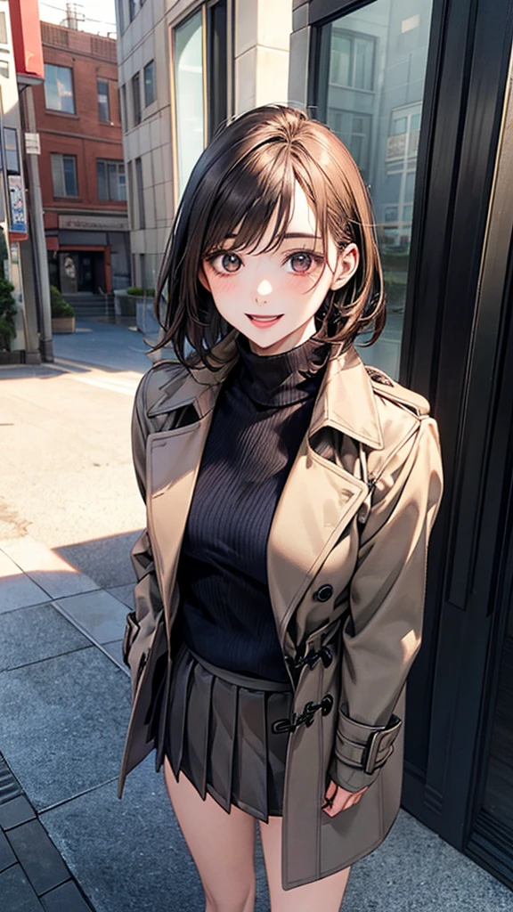 (masterpiece:1.2, Highest quality), (Realistic, photoRealistic:1.4), Beautiful illustrations, (Natural Side Lighting, Cinema Lighting), Browsing Caution,
View your viewers, 1 Girl, Japanese, Beauty、30 years old, Perfect Face, Cute and symmetrical face, Shiny skin,
(short hair:1.7, Straight hair:1.2, Brown Hair), Swept-apart bangs, Dark brown eyes, Droopy eyes, Long eyelashes, (Medium chest), thin,
Beautiful Hair, Beautiful Face, Beautiful attention to detail, Beautiful clavicle, Beautiful body, Beautiful breasts, Beautiful thighs, Beautiful feet, Beautiful fingers,
((Grey brown trench coat, Black turtleneck sweater, Grey box pleated skirt), Navy and brown checked scarf)),
(Beautiful views), evening, (Outdoor), Are standing, (smile, Open your mouth a little),