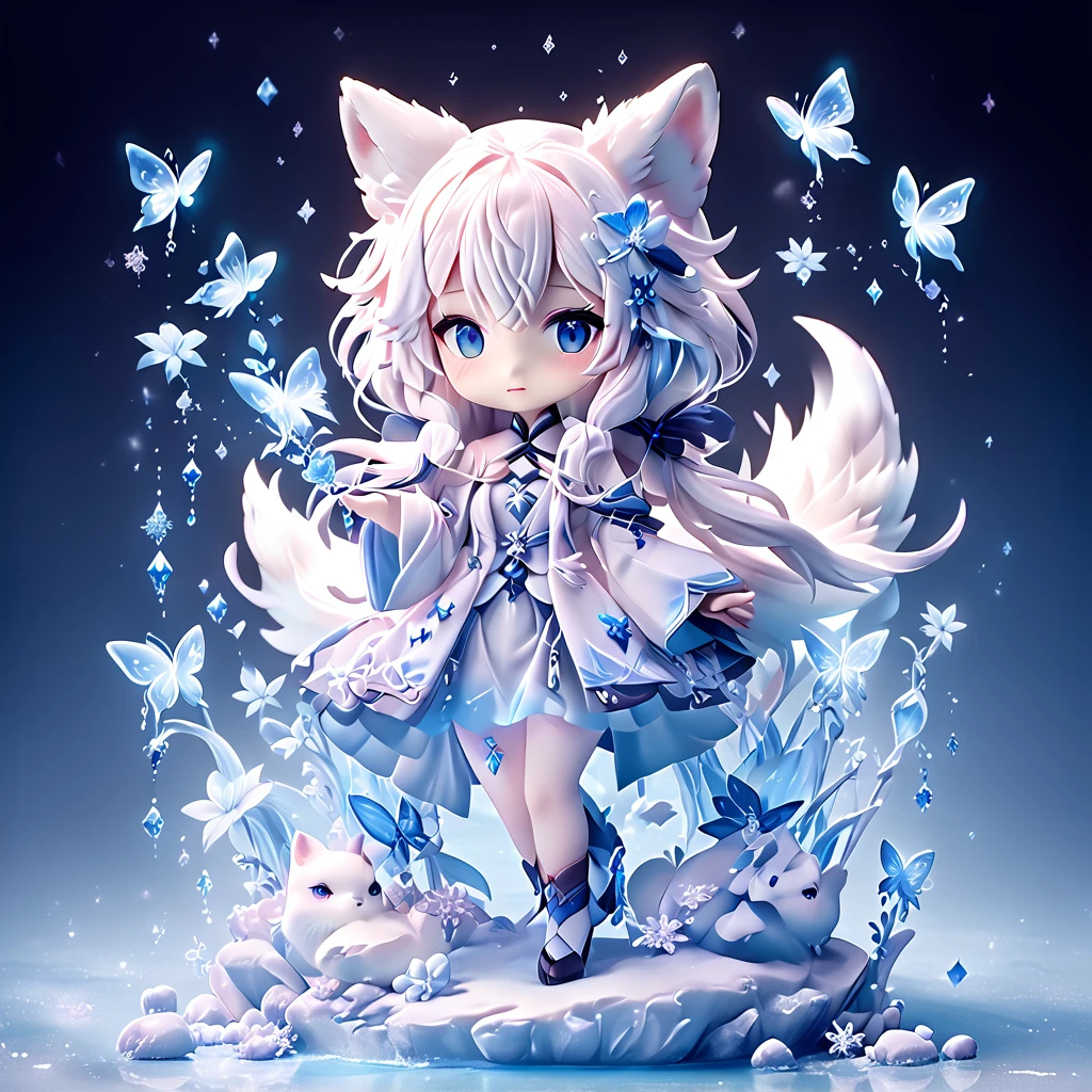 Ultra detailed, HDR, Highres, absurdres, master piece, Krozseria, chibi, white fox, Ninetales, expressive blue eyes, glass, ice glittering butterflies, ice, petals, pink ice glass flowers, cute, glittering, water, fantasy, magical, snowflakes, cold, small and cute,