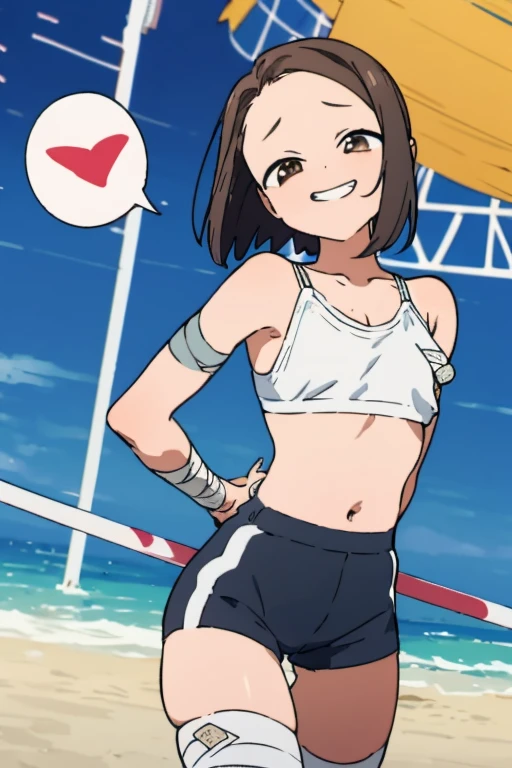 masterpiece, highres, 1girl, short hair,   TokoUsagiharaR4, brown hair, brown eyes, ,,looking viewer,,spoken heart,6yo,(petite),flat chest,thigh,grin,sports bra,shorts Artwork, High Quality, Single Girl, Short Black Hair, White Sheer Shirt, (Nipple Bandages, Areola Slip, Bandage), Small Breasts, Upper Body masterpiece, best quality, 1girl, solo, from back, beach background,(thick thighs, thigh gap:1.2),, nobikini, Artwork, High Quality, Single Girl, Short Black Hair, , (Nipple Bandages, Areola Slip, Bandage), Small Breasts, Upper Body