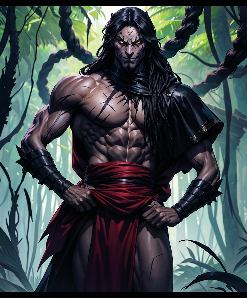 (((Luxurious shoulder-length black hair in dreadlocks, dark complexion, and sexy smirk.))) (((18 years old.))) (((18yo.))) (((Cute smirk.))) (((Single character image.))) (((1boy))) In this captivating artwork, delve into the depths of treachery and deceit as you portray a member of the jungle tribe who embodies cunning and untrustworthiness. This character, thin and wiry, exudes an air of arrogance and smugness, reveling in their villainous nature.  (((Looks African American and looks like a human version of the Disney villain Scar.)))
With a physique that belies their deceptive prowess, this character possesses a lean and sinewy frame, emphasizing their agility and ability to navigate the shadows. Their appearance draws inspiration from Scar, with a sleek and angular countenance that hints at their cunning nature.
Clad in attire that reflects their scheming persona, their clothing is adorned with dark and intricate patterns, symbolizing their affinity for manipulation and intrigue. Their garments, crafted from lightweight materials, allow for swift and silent movements, aiding them in their nefarious endeavors.
Their facial expressions and body language exude an air of superiority, with a smug and self-assured demeanor that leaves no doubt about their villainous intentions. Their eyes, sharp and calculating, seem to hold secrets and hidden agendas, inviting viewers to question their every move.

The surrounding jungle environment, while vibrant and teeming with life, takes on an eerie and foreboding atmosphere. Shadows dance amidst the dense foliage, hinting at the character's ability to blend seamlessly into the darkness. Sinister creatures lurk in the background, their presence echoing the character's malevolence.

