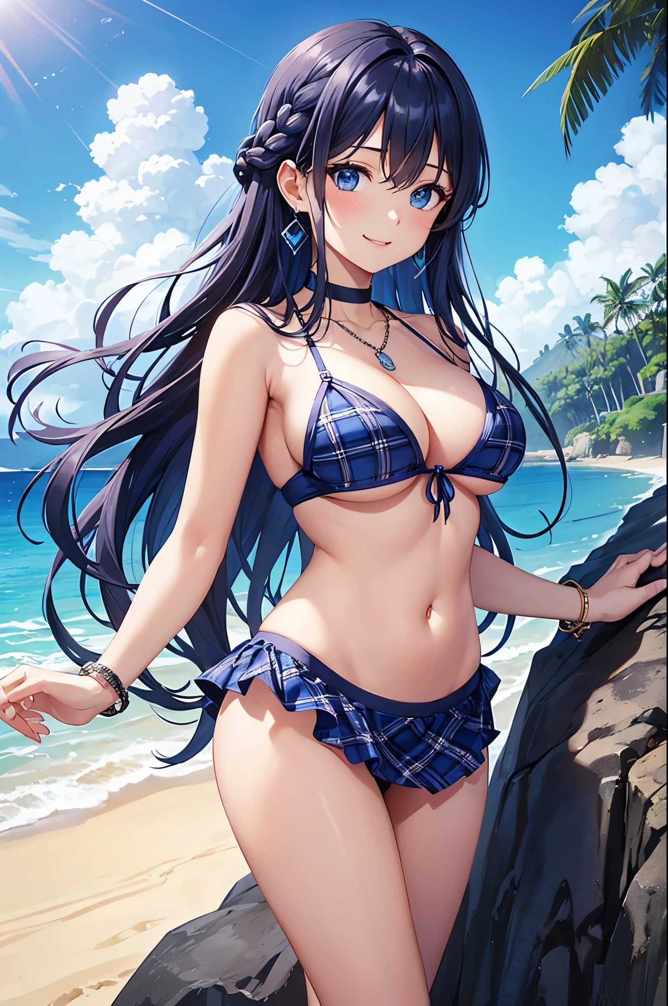 Highest quality、Highest quality、masterpiece、(8K),beauty(Age 25)、Navy blue long hair(Braiding of the sides)、blue eyes、Sexy Bikini(Plaid)、Big cleavage、(Big Breasts)、smile、blue necklace、Blue Earrings、background(Beach)、Please open your mouth wide、bracelet、Arch Pose、Blue choker