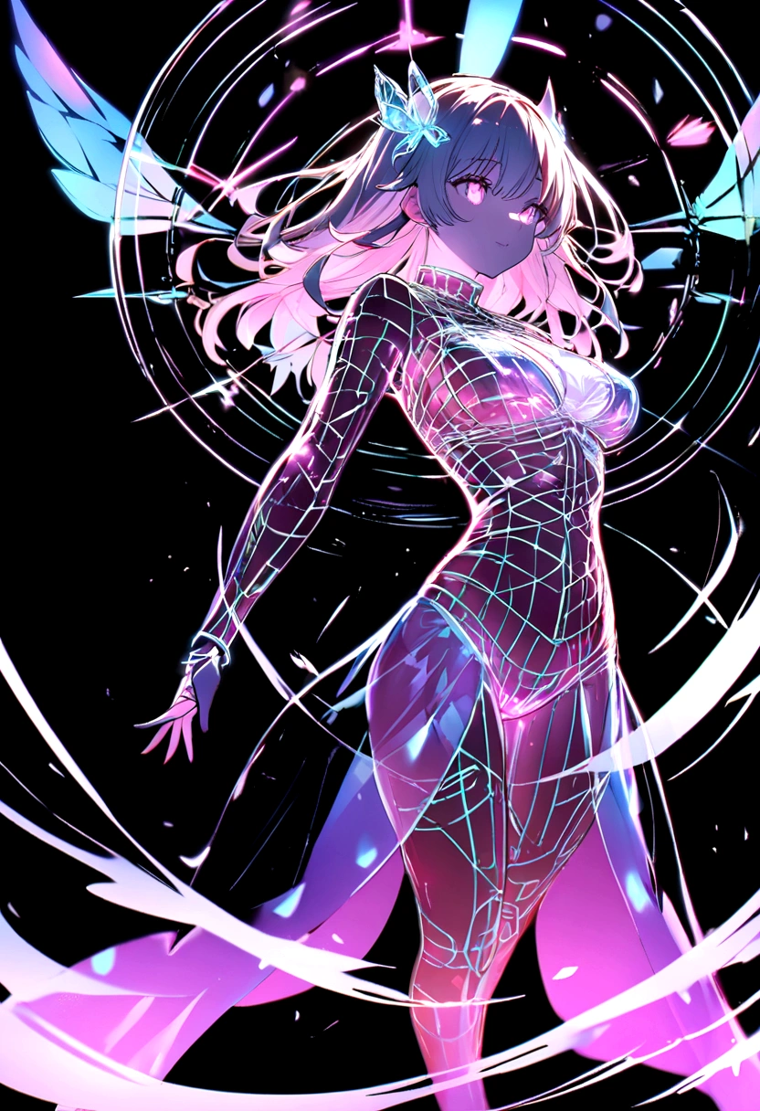 virtual glowing translucent holographic wireframe of a virtual catgirl, black background