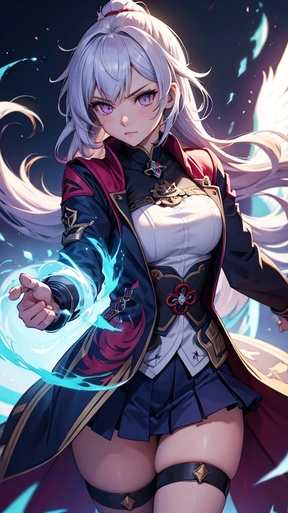 1 girl, japanese clothes, Horse tail ,by white, purple eyes, magic circle, blue Fire, blue flames, wallpaper, landscape, blood, blood splatter, depth of field, evening, light particles, Light rays, side lighting, Thighs, destiny \(series\), genshin impact, ****, open jacket, Skirt, Thighs, cloud