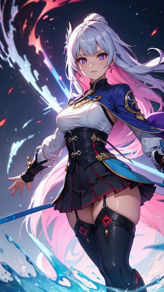 1 girl, japanese clothes, Horse tail ,by white, purple eyes, magic circle, blue Fire, blue flames, wallpaper, landscape, blood, blood splatter, depth of field, evening, light particles, Light rays, side lighting, Thighs, destiny \(series\), genshin impact, ****, open jacket, Skirt, Thighs, cloud