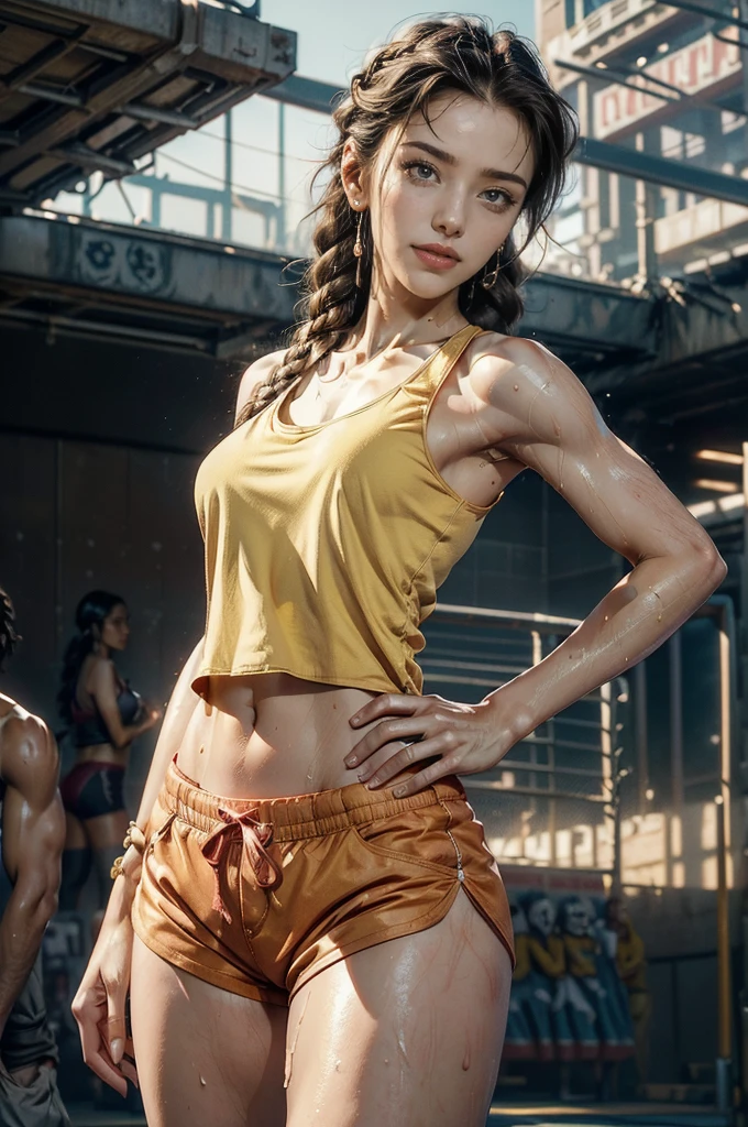 (Extremely meticulous CG),(((8k))),wallpaper,(Portrait above the chest:1.3),((Extremely refined and beautiful)),(((Masterpiece))),(((best qualtiy))),(((Ultra High Resolution))),beautiful light up,realistic shaded,(Smooth and flawless brown skin:1.5),(Extremely exquisite facial details:1.2),(ultra-detailed:1.5),((a beautiful girl,solo)),(Female Athlete:1.3),(short double braid:1.3),(small head:1.2),(slender face:1.2),(Exquisite makeup:1.3),(smiling:1.2),(laughing:1.2),(blush:1.5),(sweat:1.5),(wet:1.2),(perfect body:1.2),(bare arms:1.3),(yellow tank top:1.5),(red sports shorts:1.5),((slim,thin)),(Strong muscles:1.2),(small breasts:1.2),(flat chests:1.2),(navel:1.3),(slender legs:1.2),(sneakers:1.3),(from front:1.3),(standing:1.3),(hands on hips:1.3),(In a spacious sports stadium:1.5),(on the athletic playground:1.5),(On the runway:1.3),(lively atmosphere:1.3),(outdoor:1.2),(Cyberpunk style:1.3),(detailed background:1.5),(day scene:1.5),(upper body:1.3),