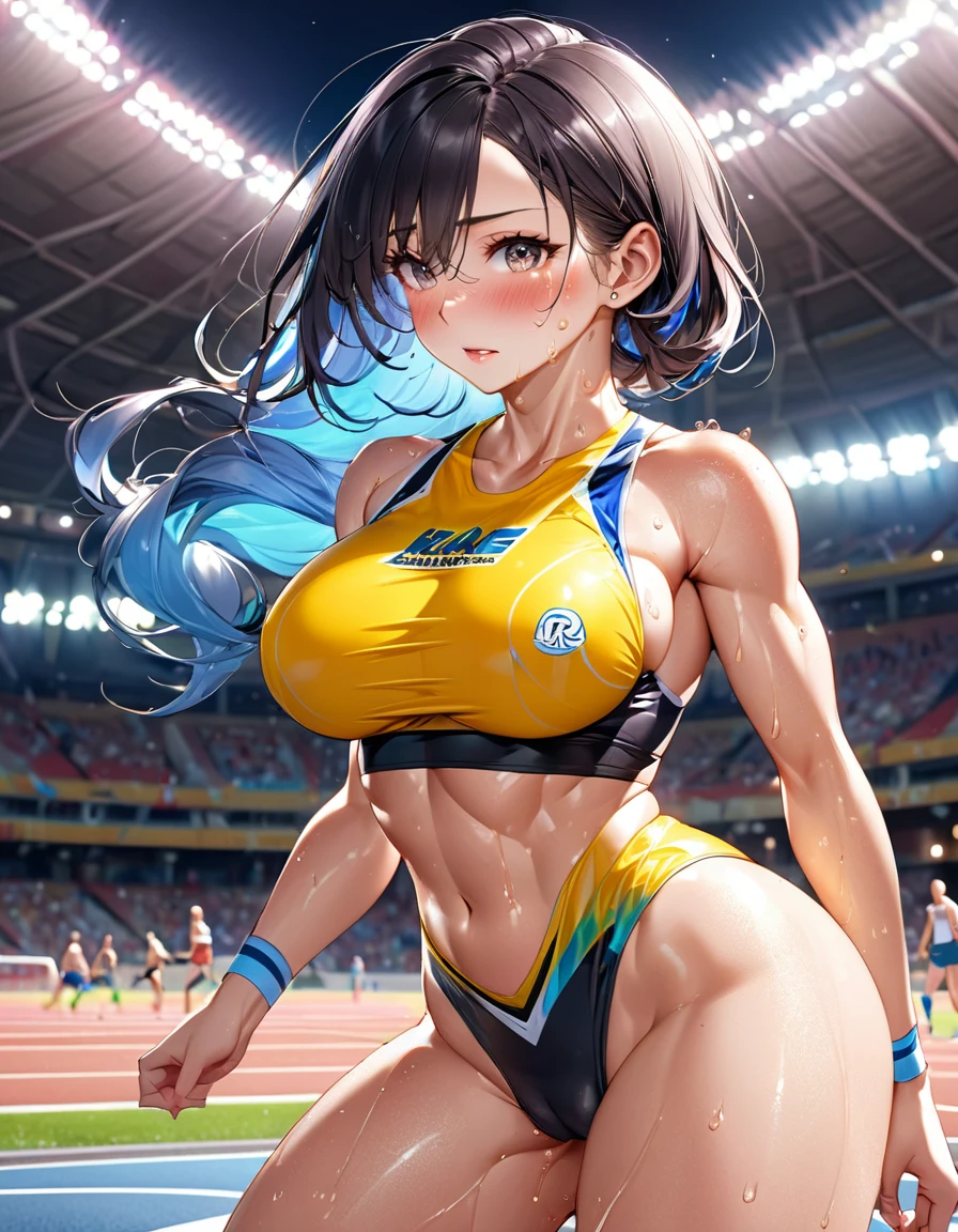 Woman doing athletics,(Highest quality,Extremely detailed depiction,Incredibly absurd high resolution,Anatomically accurate depiction),(Glowing Skin,Shiny skin,Sweat,Large Breasts),Jump,SFW:1.5,background:Athletics Stadium