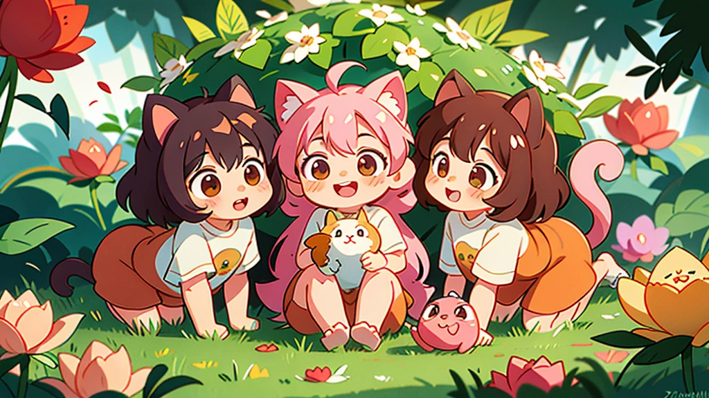 Background 8 bit gaming, forest, trees, cute, various temmie from Undertale playing with each other, expressive anime ayes