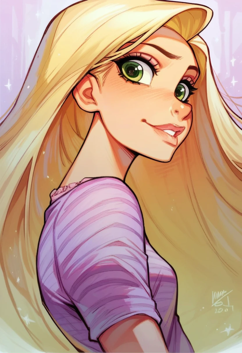 One girl, Rapunzel, blonde_hair, straight_hair, green_eyes, beautifull face, detailed face, slanted_eyes, black_shirt, neckline,