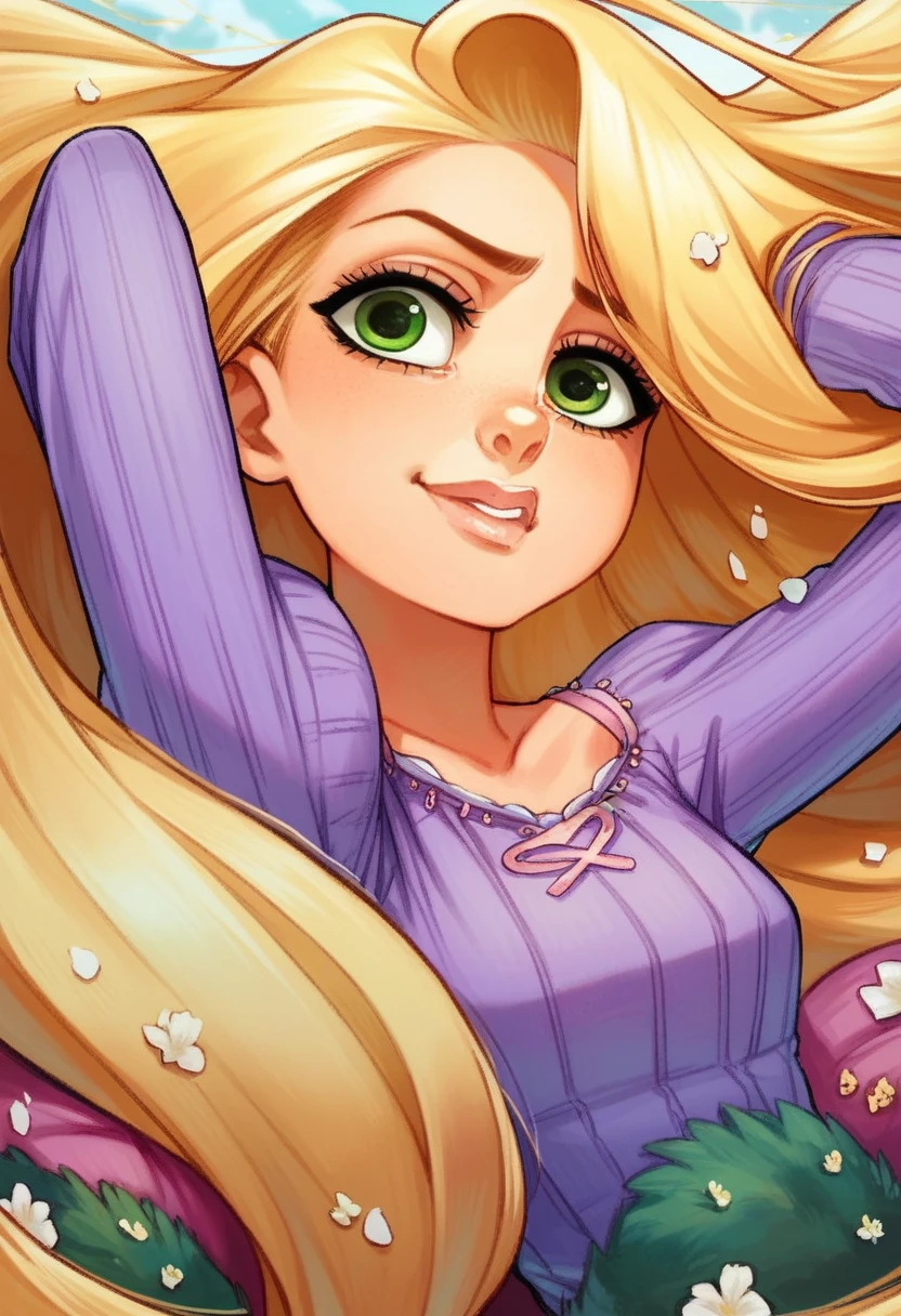 One girl, Rapunzel, blonde_hair, straight_hair, green_eyes, beautifull face, detailed face, slanted_eyes, black_shirt, neckline,