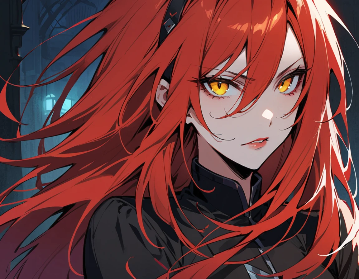 Long red hair, yellow eyes, evil, sexy, black and red clothes, cute hairstyle, evil face, evil, serious look, black eyes mask, gloss lips, sinister, front look, bloody, gloves, close up, portrait, beautiful eyes, short dress, big white, dark place, night, sensual, straigh hair cut, clear skin, evil, young 30 years girl, adult girl, solo, red, very long hair,