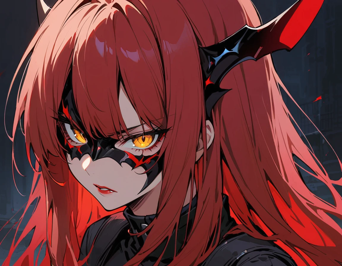 Long red hair, yellow eyes, evil, sexy, black and red clothes, cute hairstyle, evil face, evil, serious look, black eyes mask, gloss lips, sinister, front look, bloody, gloves, close up, portrait, beautiful eyes, short dress, big white, dark place, night, sensual, straigh hair cut, clear skin, evil, young 30 years girl, adult girl, solo, red, very long hair,