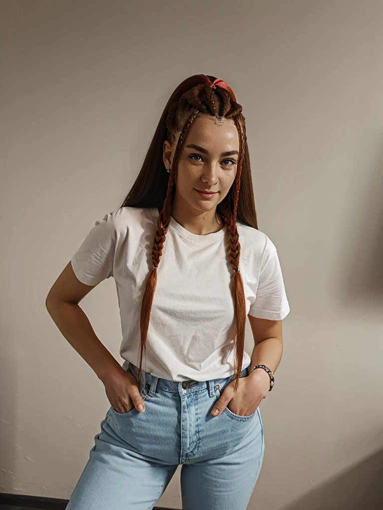 Beautiful woman with red braids, pink T-shirt, jeans, white sneakers.