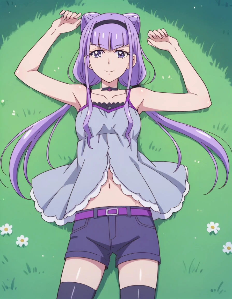 ruru amour, purple hair, hair cones, bangs, purple eyes, hairband, low twintails, grey camisole, sleeveless, frilled camisole, shorts, thighhighs, shiny skin, high quality, solo, lying, on back, arms up, spread arms, closed mouth, on grass, looking at viewer, medium full shot, smile, best quality, (cowboy shot:1.5), looking at viewer, best quality, expressionless,
