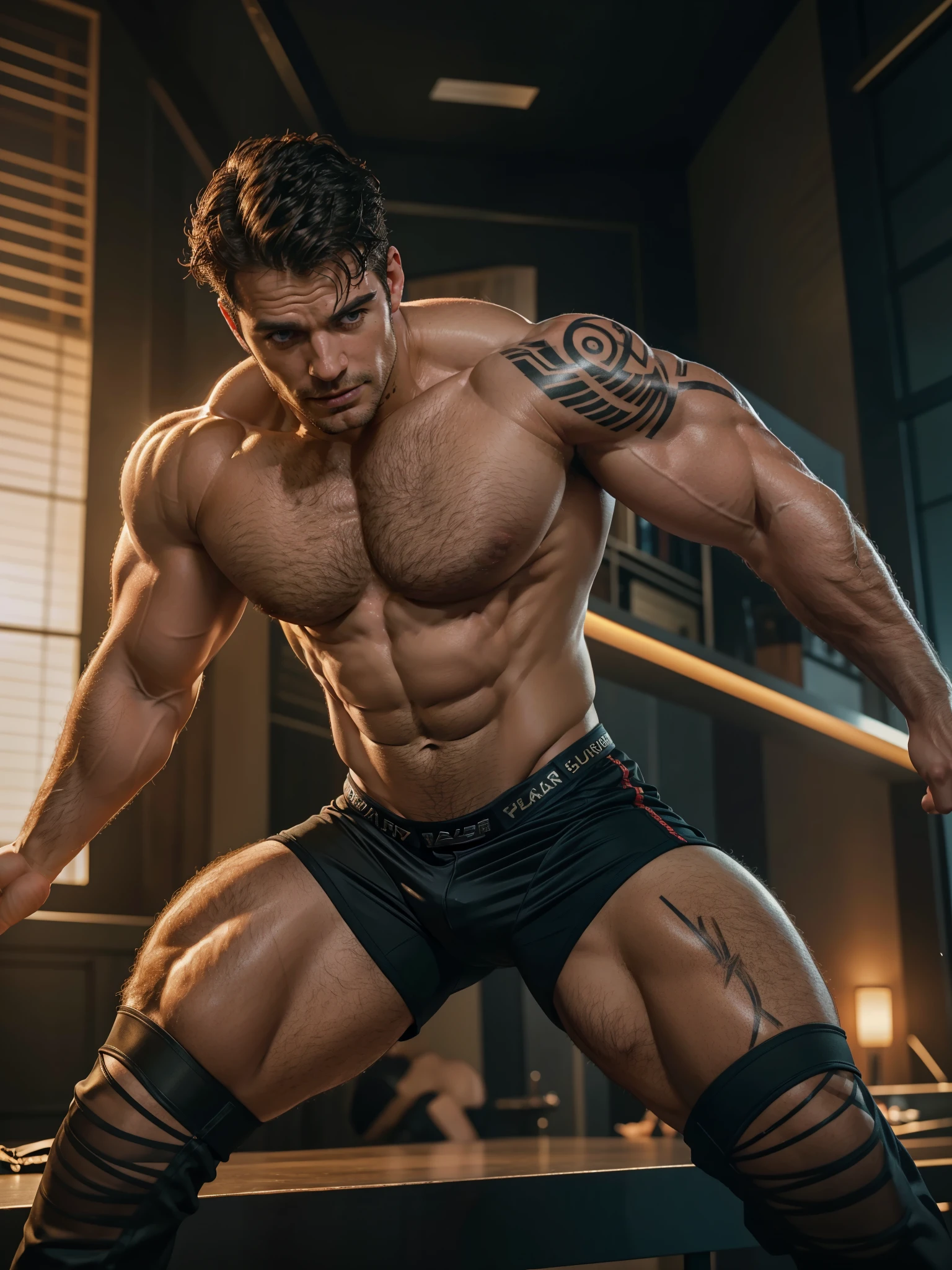 henry cavill (best quality,4k,8k,highres,masterpiece:1.2),ultra-detailed,(realistic,photorealistic,photo-realistic:1.37), sexy boy posing,portrait,emotion,casual outfit,dark background,vivid colors,dynamic lighting,sharp focus,muscular,stylish hair,smoldering eyes,intense gaze,strong jawline,defined facial features,confident expression,lean body,striking pose,athletic physique,tattoos,edgy style,shirtless,close-up,dramatic lighting,sexy smile,piercing gaze,masculine charm,sensual,alluring,provocative stare,perfect body,dominant attitude