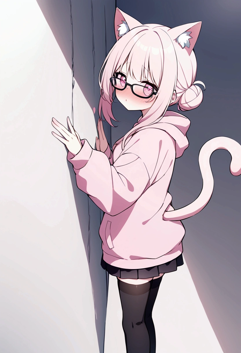 I have white pink hair, cat ears, a bun, my face is super blushing, black glasses, pink heart eyes, a big pink sweatshirt, a black skirt, black stockings, white shoes, a cat's tail, a girl. very shy that she is glued to a wall with her butt