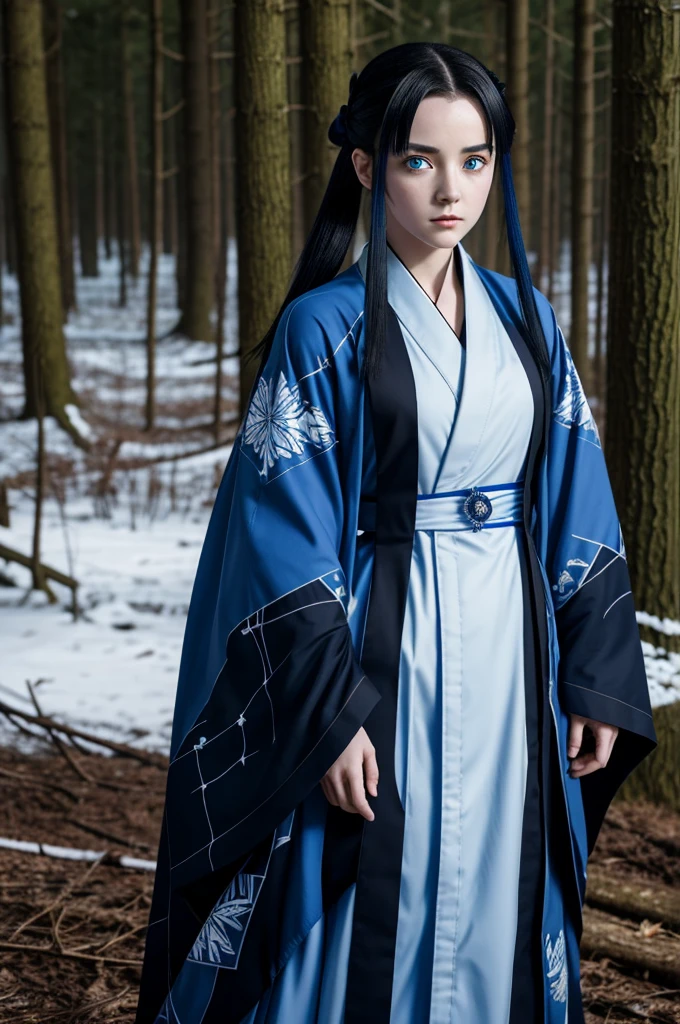 Kimetsu no yaiba anime 2D pale skin girl, hunter with hunter uniform and a robe with blue assimilating ice flakes, slightly light black hair with a white streak, very low blue eyes with a serious face, in a forest at night