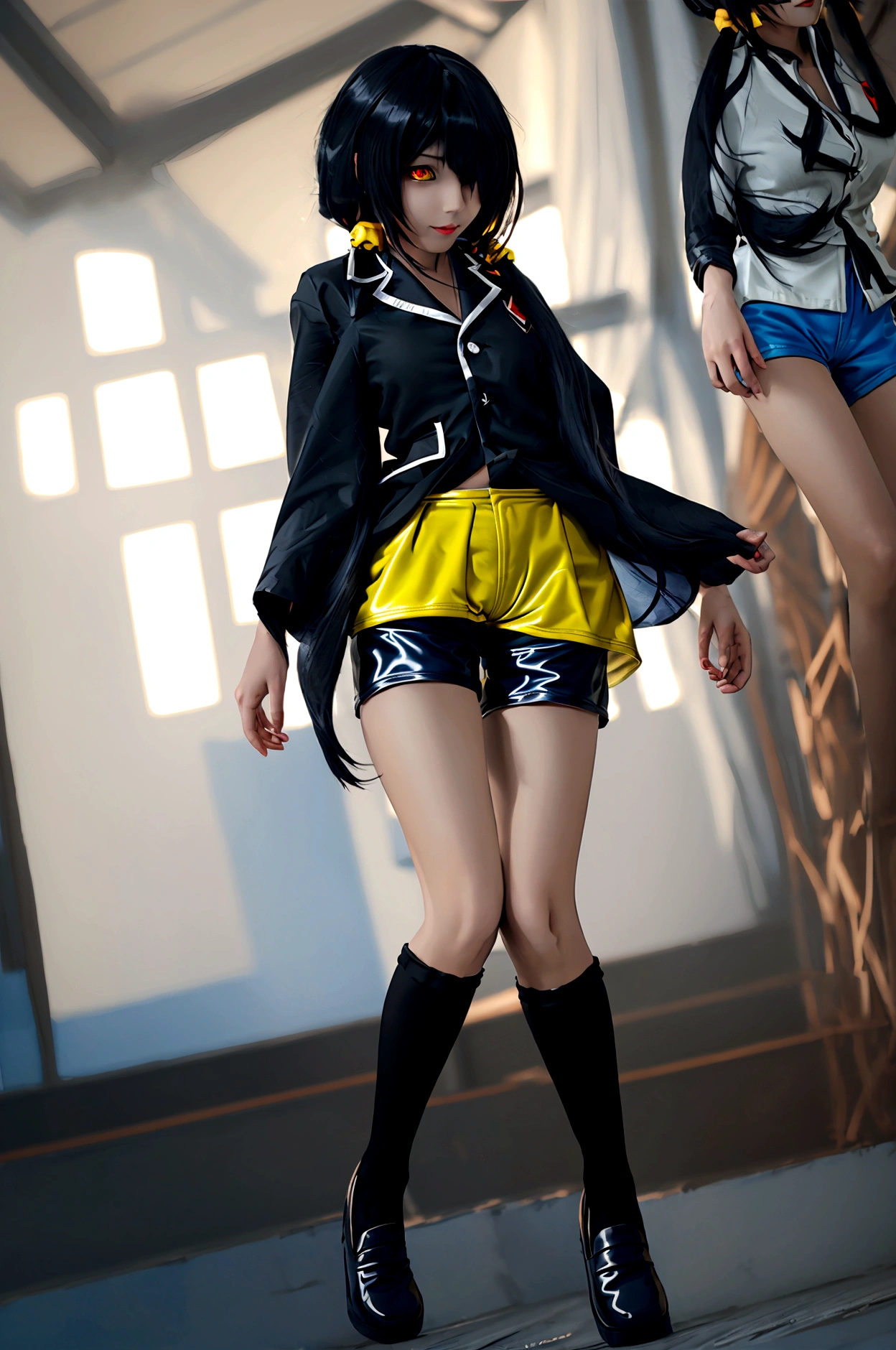 ultra-detailed,highly detailed,best quality,masterpiece,illustration,realistic, photo,photorealistic,
1girl, ((tokisaki kurumi)), ((cosplay)), hair over one eye, (right red eye, left yellow eye), looking at viewer, happy girl, (twintail) , ((kimono)), (((Black hotpants))), hair rings, loafers,
(Outdoors), walking, ((forest)) 
