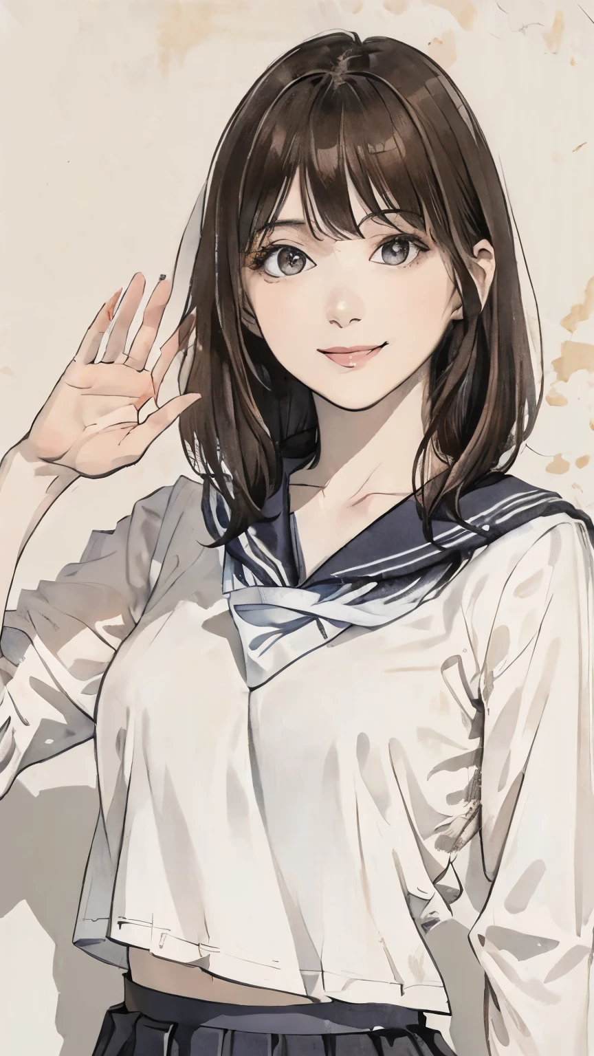 (Highest quality、8K、32k、masterpiece)、(Realistic)、(Realistic:1.2)、(High resolution)、Very detailed、Very beautiful face and eyes、1 Girl、Round and small face、Tight waist、Delicate body、(Highest quality、Attention to detail、Rich skin detail)、(Realistic、Realistic:1.37)、Bright colors、(((Brown Hair)))、(((Upper Body Shot)))、(((Bob Hair)))、(((Fair skin)))、(((White wall background)))、(((White wall background)))、(((smile)))、(((Wave one hand)))、(((Wear a sailor uniform)))、(((Black pleated skirt)))