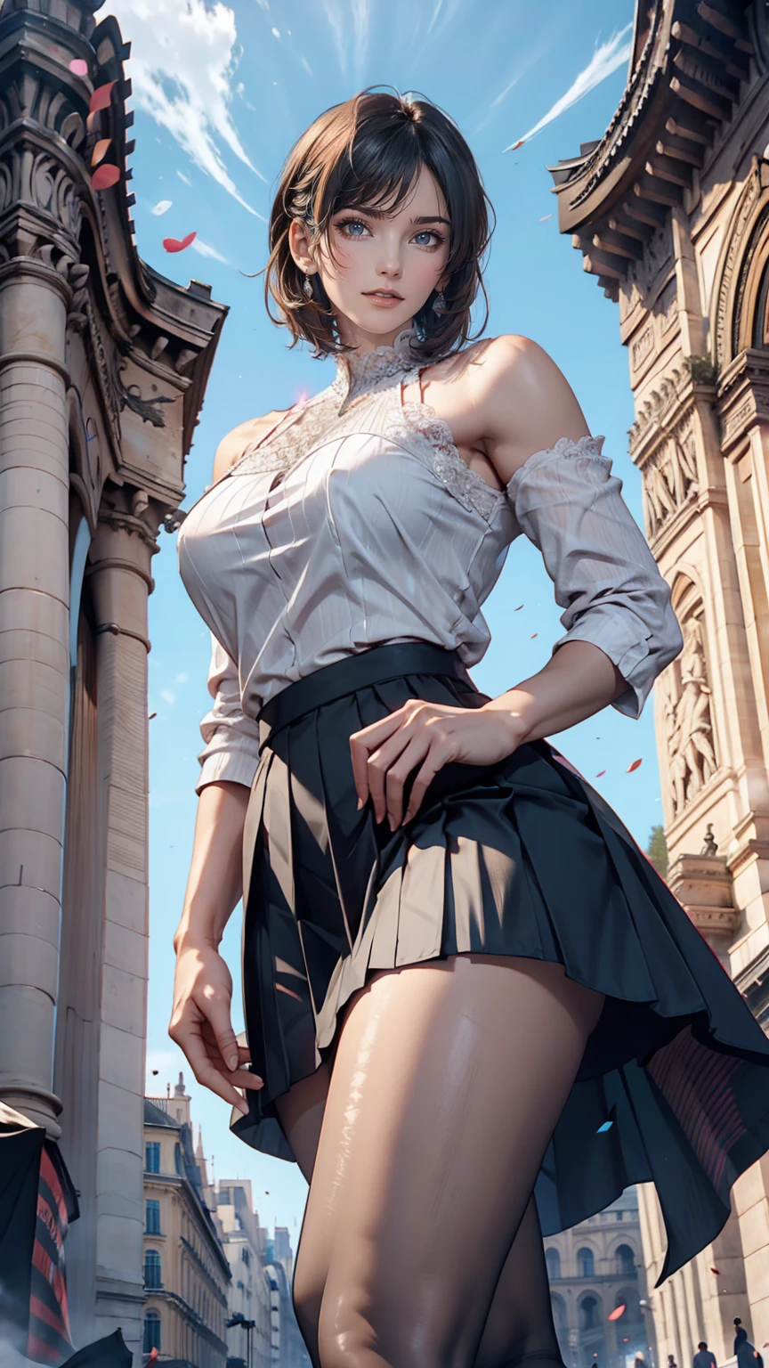 24-year-old female、Sexy proportions、Sexy、Pixie Cut、Pink inner color、High neck blouse with lace embellishment((Sheer))、Low-rise mini pleated skirt、Stiletto heels、Black Stockings、Arc de Triomphe square in France、With the Arc de Triomphe in the background、Cowboy Shot、Place hands on hips、Stand with your feet shoulder-width apart