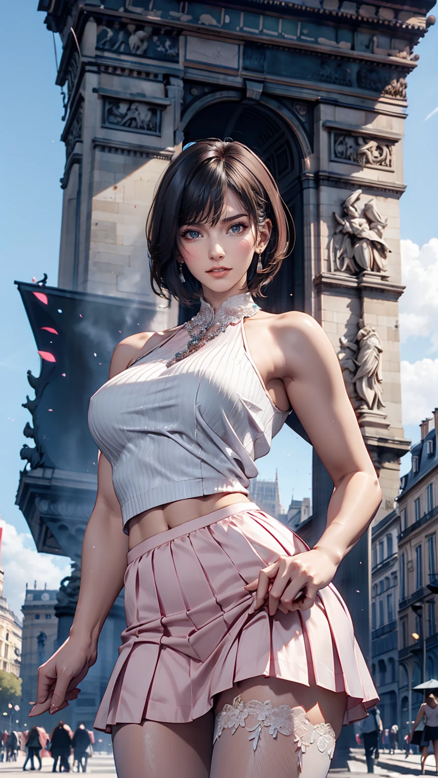 24-year-old female、Sexy proportions、Sexy、Pixie Cut、Pink inner color、High neck blouse with lace embellishment((Sheer))、Low-rise mini pleated skirt、Stiletto heels、Black Stockings、Arc de Triomphe square in France、With the Arc de Triomphe in the background、Cowboy Shot、Place hands on hips、Stand with your feet shoulder-width apart