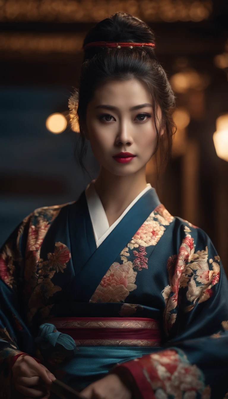 a samurai swordsman, a young japanese woman in underwear, highly detailed face, intricate details, elegant japanese kimono, dramatic lighting, cinematic composition, colorful vibrant colors, beautiful detailed eyes, beautiful detailed lips, extremely detailed eyes and face, long eyelashes, high quality, 8K, photorealistic, vivid colors, professional photography, dramatic lighting, cinematic compositionLittle clothing