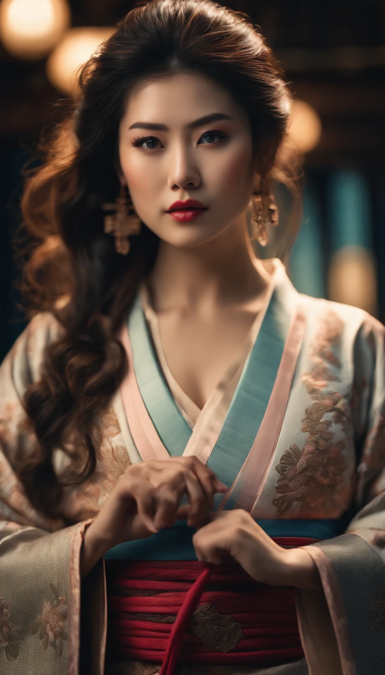 a samurai swordsman, a young japanese woman in underwear, highly detailed face, intricate details, elegant japanese kimono, dramatic lighting, cinematic composition, colorful vibrant colors, beautiful detailed eyes, beautiful detailed lips, extremely detailed eyes and face, long eyelashes, high quality, 8K, photorealistic, vivid colors, professional photography, dramatic lighting, cinematic compositionLittle clothing
