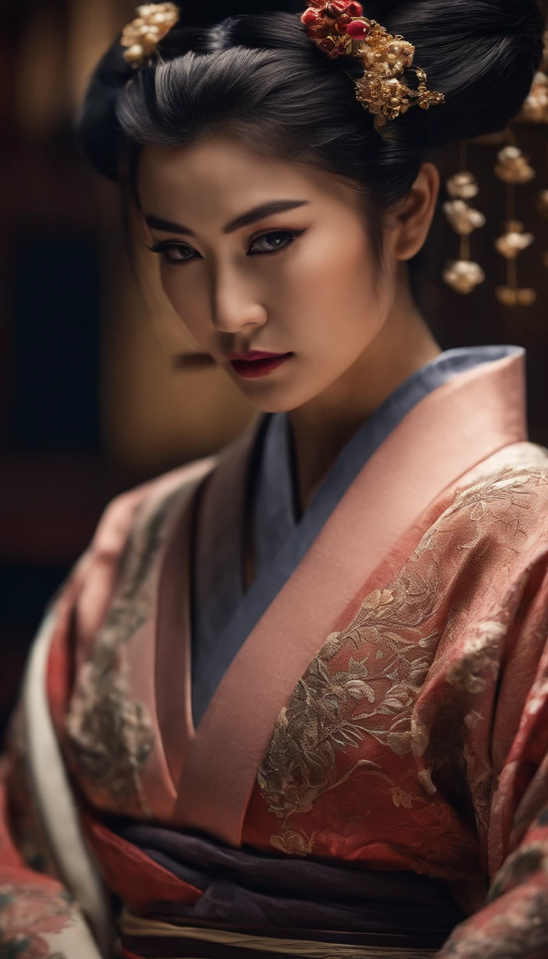a samurai swordsman, a young japanese woman in underwear, highly detailed face, intricate details, elegant japanese kimono, dramatic lighting, cinematic composition, colorful vibrant colors, beautiful detailed eyes, beautiful detailed lips, extremely detailed eyes and face, long eyelashes, high quality, 8K, photorealistic, vivid colors, professional photography, dramatic lighting, cinematic compositionLittle clothing