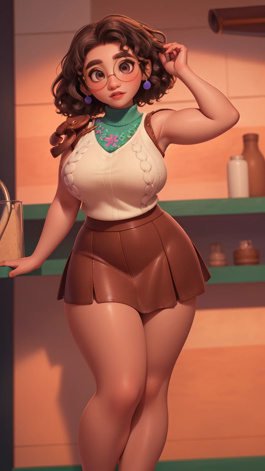 mirabel madrigal,  glasses, SMILE, ((sleeveless sweater)), market bottom, (((tube skirt))), (((Brown leather))), detailed skin, perfect legs, perfect thighs, (((curvy body))), showing the ass, inviting sex