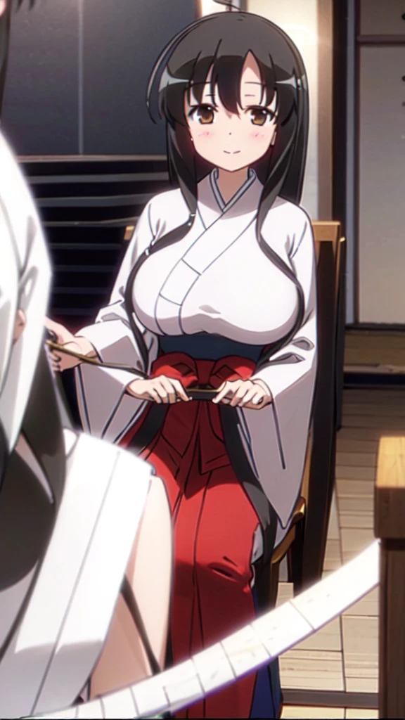 8K, RAW photo, best quality, masterpiece:1.2, Girl in Priestess Uniform, Outfit with open chest, Shoulder-exposing sleeves, Short hakama, Kasumi Iwato, Very long black hair, Golden hair ornament, smile, looking at viewer, Gigantic Breasts, holding a long bow, Inside Japan house, Close-up from the waist up, A mochi (rice cake) is on display