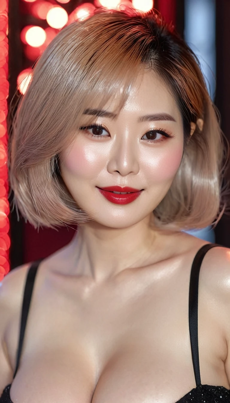 close-up of beautiful korean female, Gorgeus Girl, Beautiful, Baby Face, 40 Years Old, White Skin, red lipstick, sensual Lipstick, Colossal Breasts, Movie Lighting, Futuristic, ((Cleavage)), nude, beautiful Breasts, Rose Eye, Muscles, Bokeh, Masterpiece, Medium Bob, Rose-Gold Hair, Smile, sensational make up