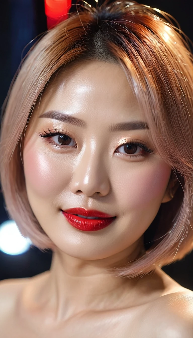 close-up of beautiful korean female, Gorgeus Girl, Beautiful, Baby Face, 40 Years Old, White Skin, red lipstick, sensual Lipstick, Colossal Breasts, Movie Lighting, Futuristic, ((Cleavage)), nude, beautiful Breasts, Rose Eye, Muscles, Bokeh, Masterpiece, Medium Bob, Rose-Gold Hair, Smile, sensational make up