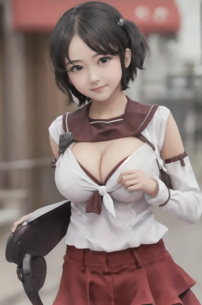 nagaraKC, 1girl, 独奏, short hair, skirt, ,detached sleeves, serafuku, sailor collar, neckerchief, headband, red skirt, one side up, red sailor collar,white thighhighs, ((Best Quality, 8K, Masterpiece:1.3)), sharp:1.2, Beautiful woman with perfect figure:1.4, Slim Abs:1.2, ((Layered Hairstyles, Giant tit:1.3,Cleavage:1.2)), (A sheer white long buttoned shirt:1.1),(rain,Street:1.2),get wet:1.5,Highly detailed face and skin texture,Detailed Eyes,double eyelid,Glancing sideways at the camera