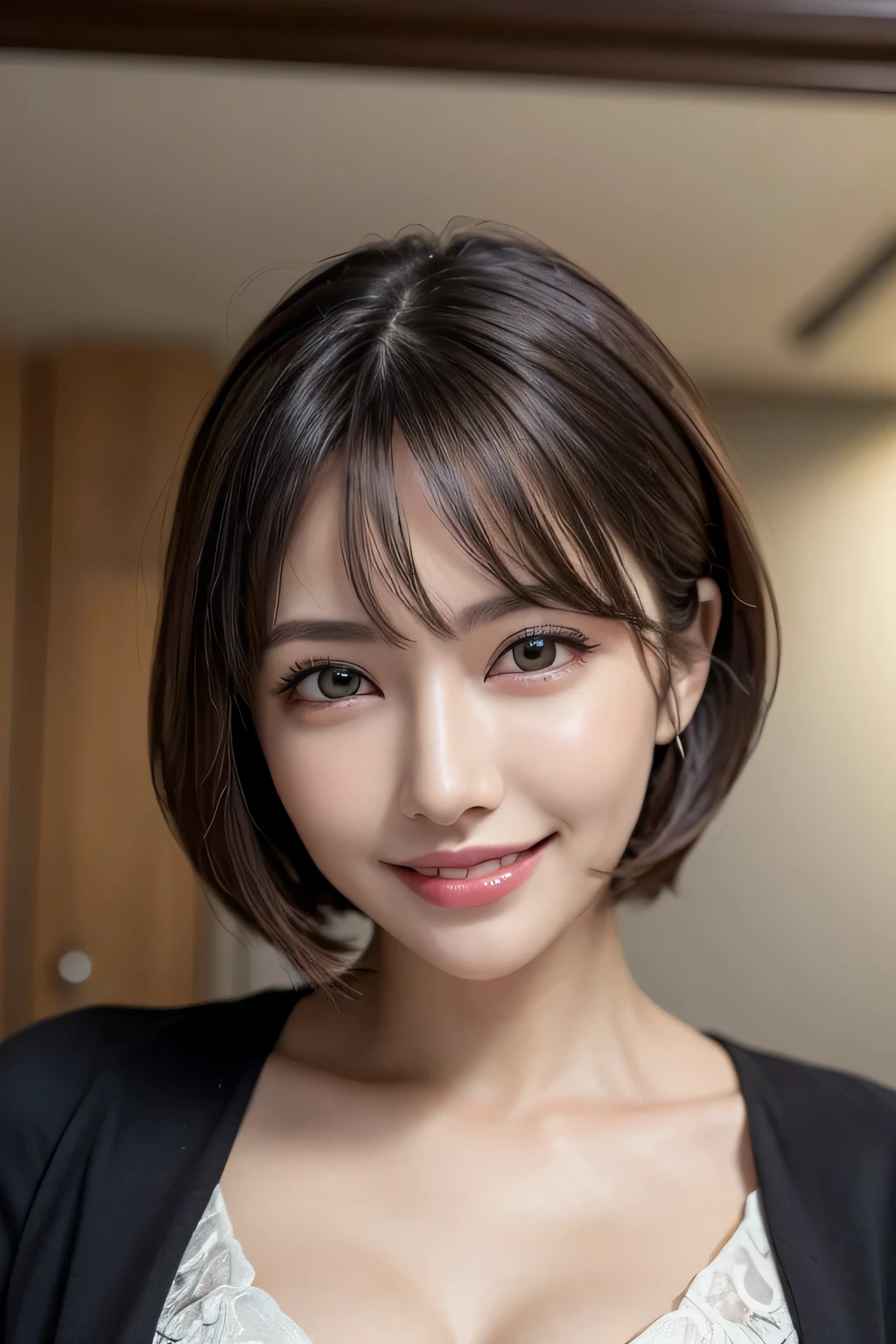 ((masterpiece)), ((Highest quality)), ((Complex)), ((Surreal)), (Realistic), (Mature Woman), ((There are no classes)), Very detailed, (1 female), Beautiful and exquisite, (Beautiful Teeth), Grin, Brunette Bob Hair, Brown eyes, ((blouse)), (Upper Body), (background:none), Perfect Eyes, Captivating eyes, Looking at the audience