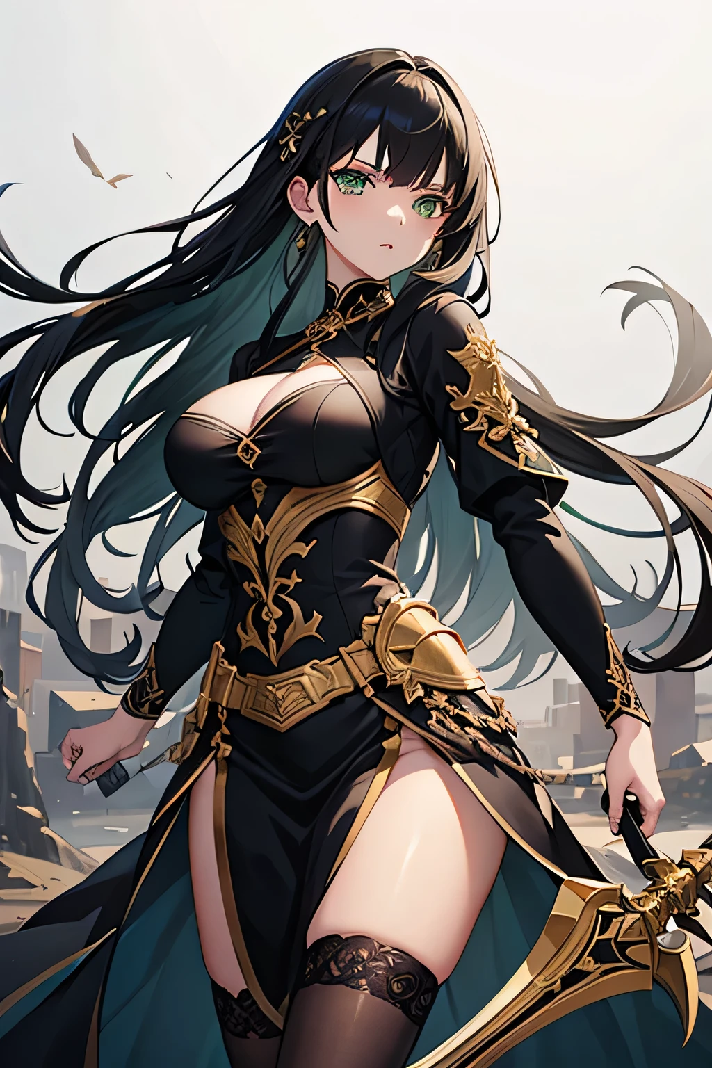 masterpiece, best quality, detailed clothes,1girl, green eyes, black hair, solo, long hair, bangs, large breasts, black and gold clothing, fighting, holding greatsword